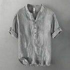 Buddha Stones Solid Color Short Sleeve Half Button Shirt Cotton Linen Men Clothing