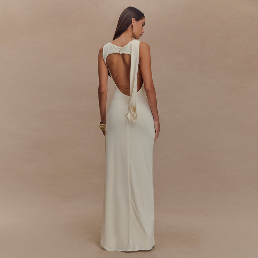 Ivory Open-Back Boat Neck Maxi Dress