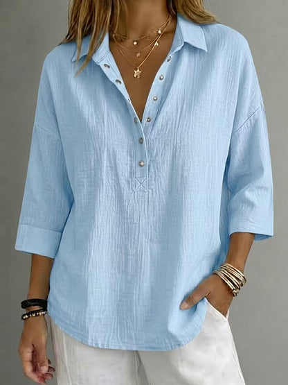 New Arrival🔥 Women's Casual Linen Blend Henley 3/4 Sleeve Shir