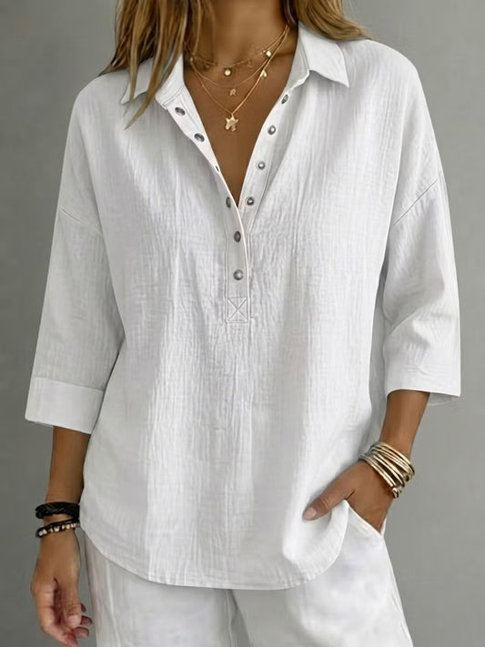 New Arrival🔥 Women's Casual Linen Blend Henley 3/4 Sleeve Shir