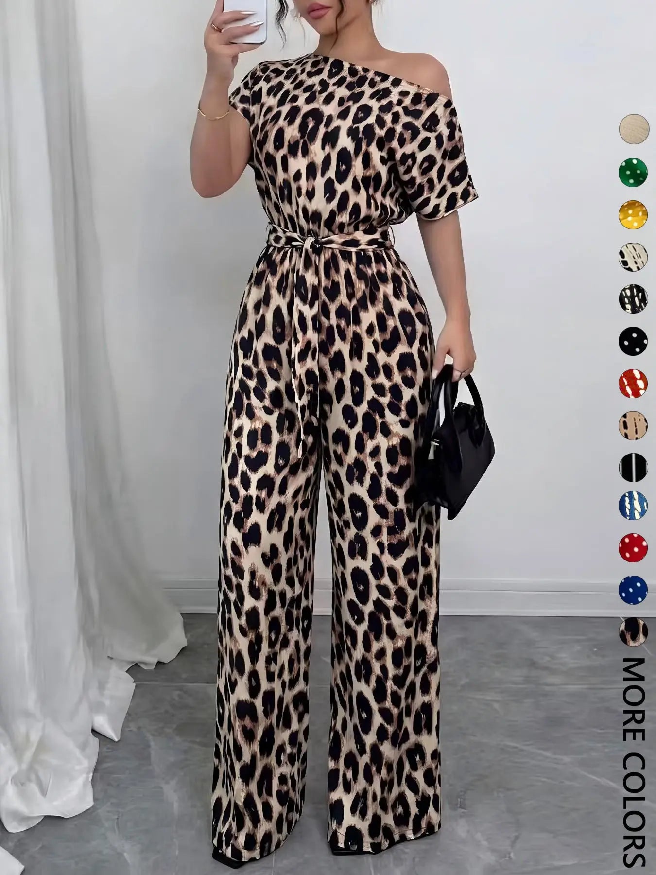 Women's All Over Print Leopard Tie Front Loose Jumpsuit, Casual Asymmetrical Neck Jumpsuit for Spring & Fall, Women's Clothes for Daily Wear