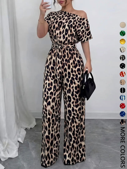 Women's All Over Print Leopard Tie Front Loose Jumpsuit, Casual Asymmetrical Neck Jumpsuit for Spring & Fall, Women's Clothes for Daily Wear