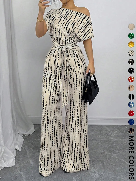 Women's All Over Print Leopard Tie Front Loose Jumpsuit, Casual Asymmetrical Neck Jumpsuit for Spring & Fall, Women's Clothes for Daily Wear