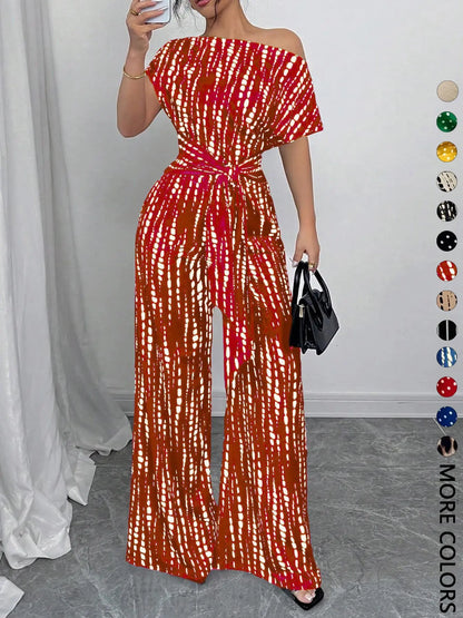 Women's All Over Print Leopard Tie Front Loose Jumpsuit, Casual Asymmetrical Neck Jumpsuit for Spring & Fall, Women's Clothes for Daily Wear