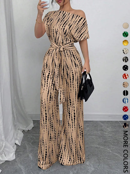 Women's All Over Print Leopard Tie Front Loose Jumpsuit, Casual Asymmetrical Neck Jumpsuit for Spring & Fall, Women's Clothes for Daily Wear