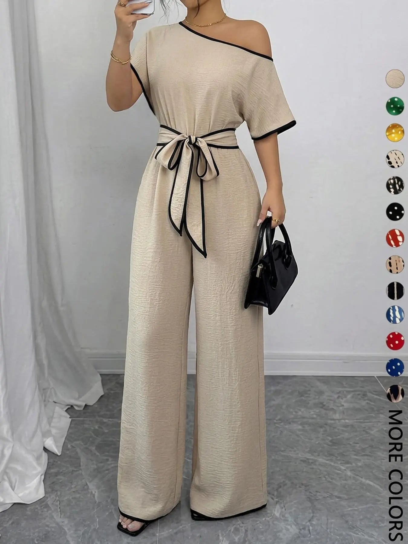 Women's All Over Print Leopard Tie Front Loose Jumpsuit, Casual Asymmetrical Neck Jumpsuit for Spring & Fall, Women's Clothes for Daily Wear