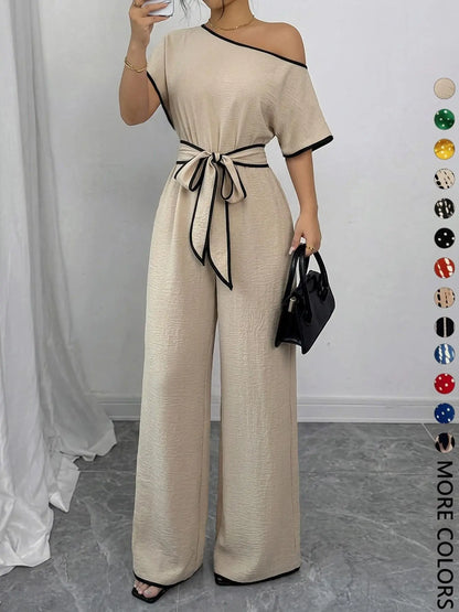 Women's All Over Print Leopard Tie Front Loose Jumpsuit, Casual Asymmetrical Neck Jumpsuit for Spring & Fall, Women's Clothes for Daily Wear