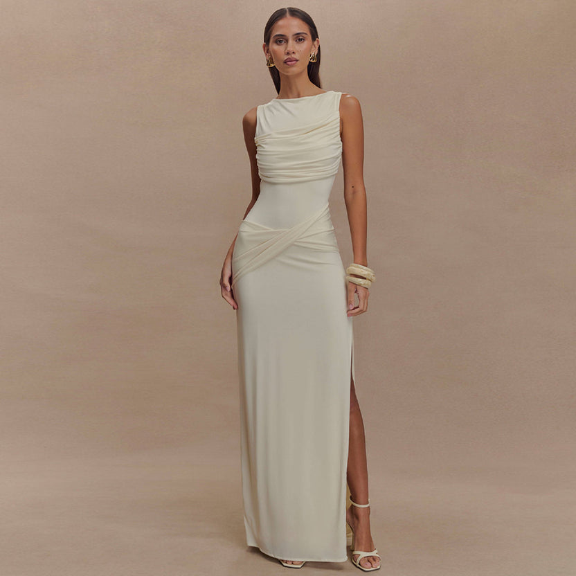 Ivory Open-Back Boat Neck Maxi Dress