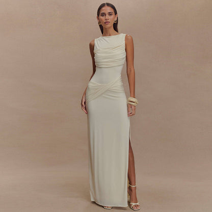Ivory Open-Back Boat Neck Maxi Dress