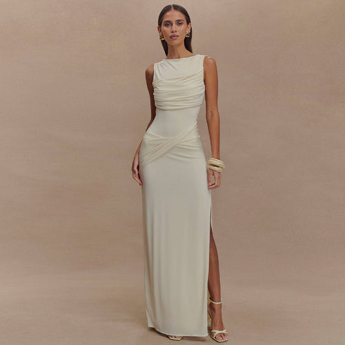 Ivory Open-Back Boat Neck Maxi Dress