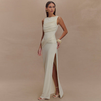 Ivory Open-Back Boat Neck Maxi Dress
