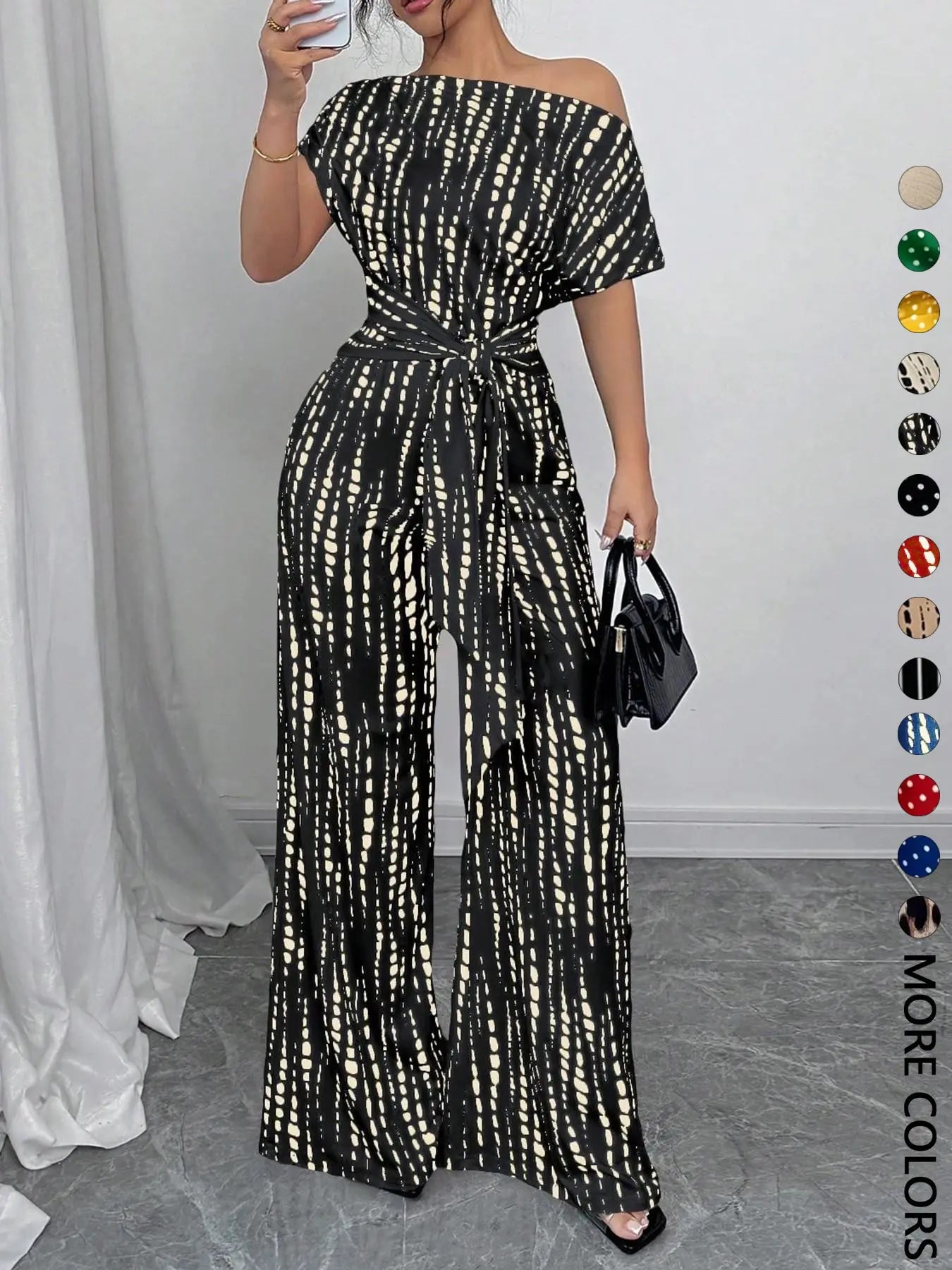 Women's All Over Print Leopard Tie Front Loose Jumpsuit, Casual Asymmetrical Neck Jumpsuit for Spring & Fall, Women's Clothes for Daily Wear