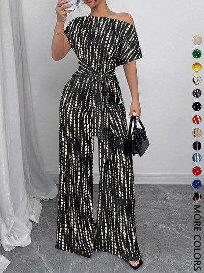 Women's All Over Print Leopard Tie Front Loose Jumpsuit, Casual Asymmetrical Neck Jumpsuit for Spring & Fall, Women's Clothes for Daily Wear